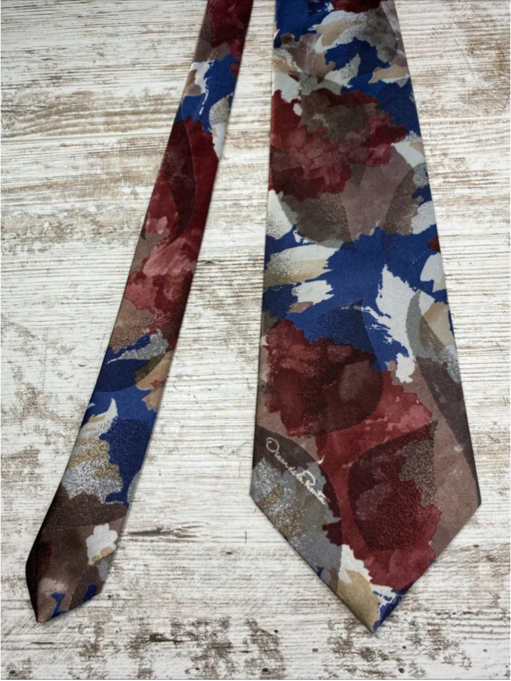 Oscar De La Renta Studio Tie Abstract Floral Burgundy Blue USA 57x4 Mens Necktie